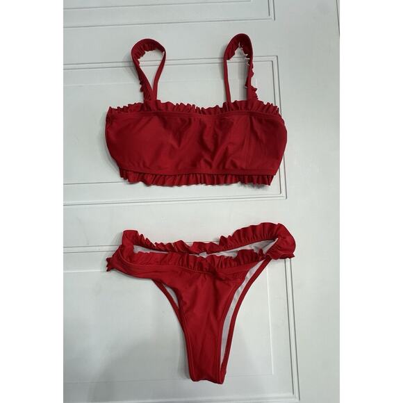 Unbranded Bikini Top & Bottoms Swimsuit Red With Ruffles Women’s Large - Picture 1 of 6